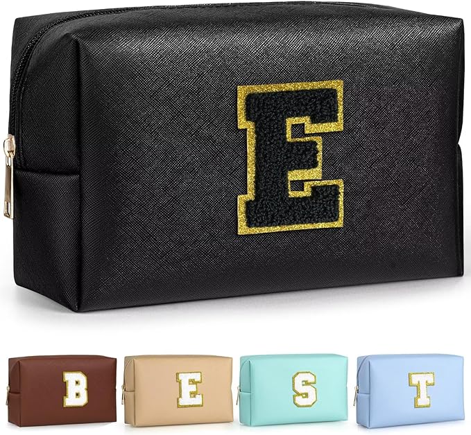 TOPEAST Monogrammed Gift for Women Girls, Personalized Initial Makeup Bags Cosmetic Bag with Zipper, Cute Makeup Pouch, PU Leather Waterproof Toiletry Bag, Preppy Gifts Stuff for Girl (Black E)