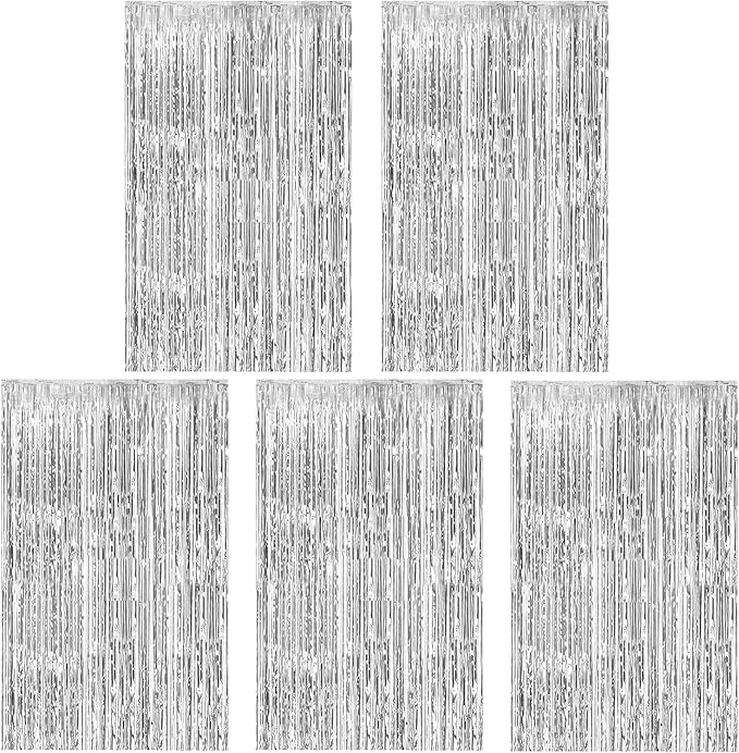 5 Pack Silver Foil Curtain Backdrop Metallic Tinsel Foil Fringe Curtains Photo Booth Props for Birthday Wedding Engagement Bachelorette Christmas Holiday Celebration Party Decorations Supplies