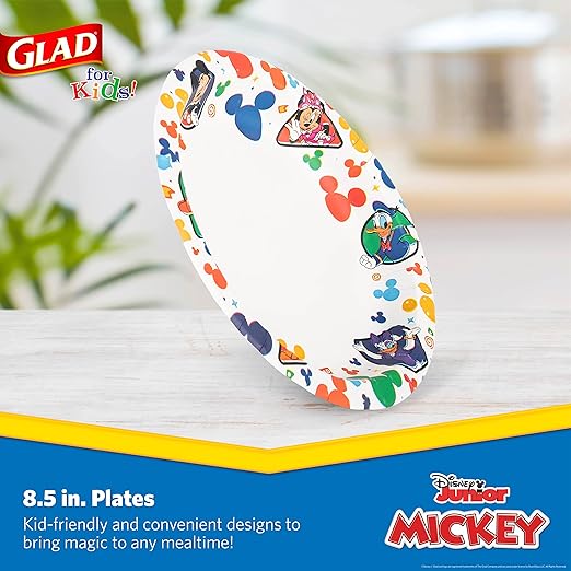 Glad for Kids Disney Mickey and Friends Disposable Paper Plates for Snacks and Meals, Heavy Duty Soak Proof Cut Resistant Microwave Safe Kids Plates, Party Pack, 8.5 Inch, 40 Count