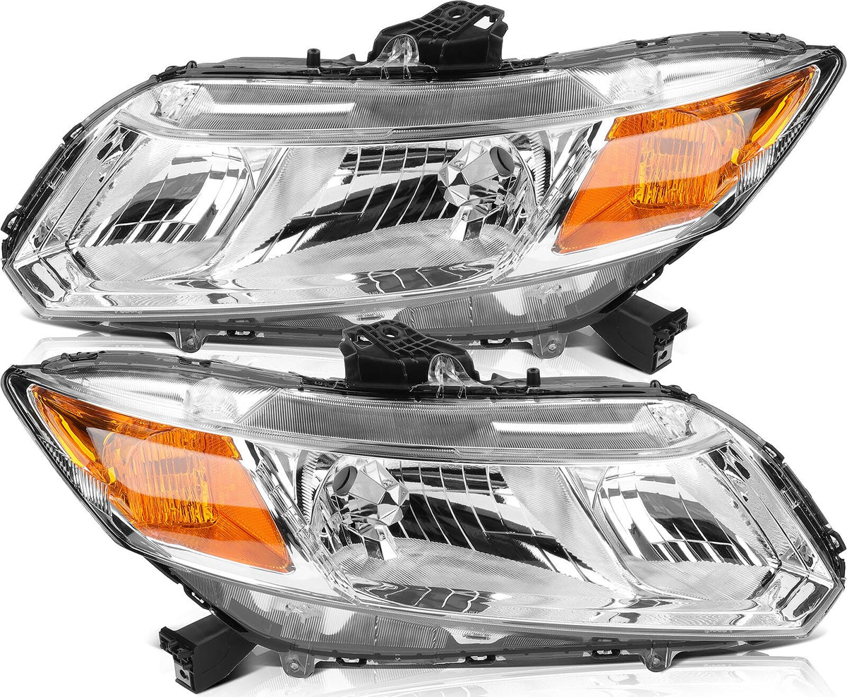 LSAILON Headlight Assembly Replacement Fit For Honda Civic 2012-2015 Chrome Housing Amber Reflector Clear Lens Driver and Passen