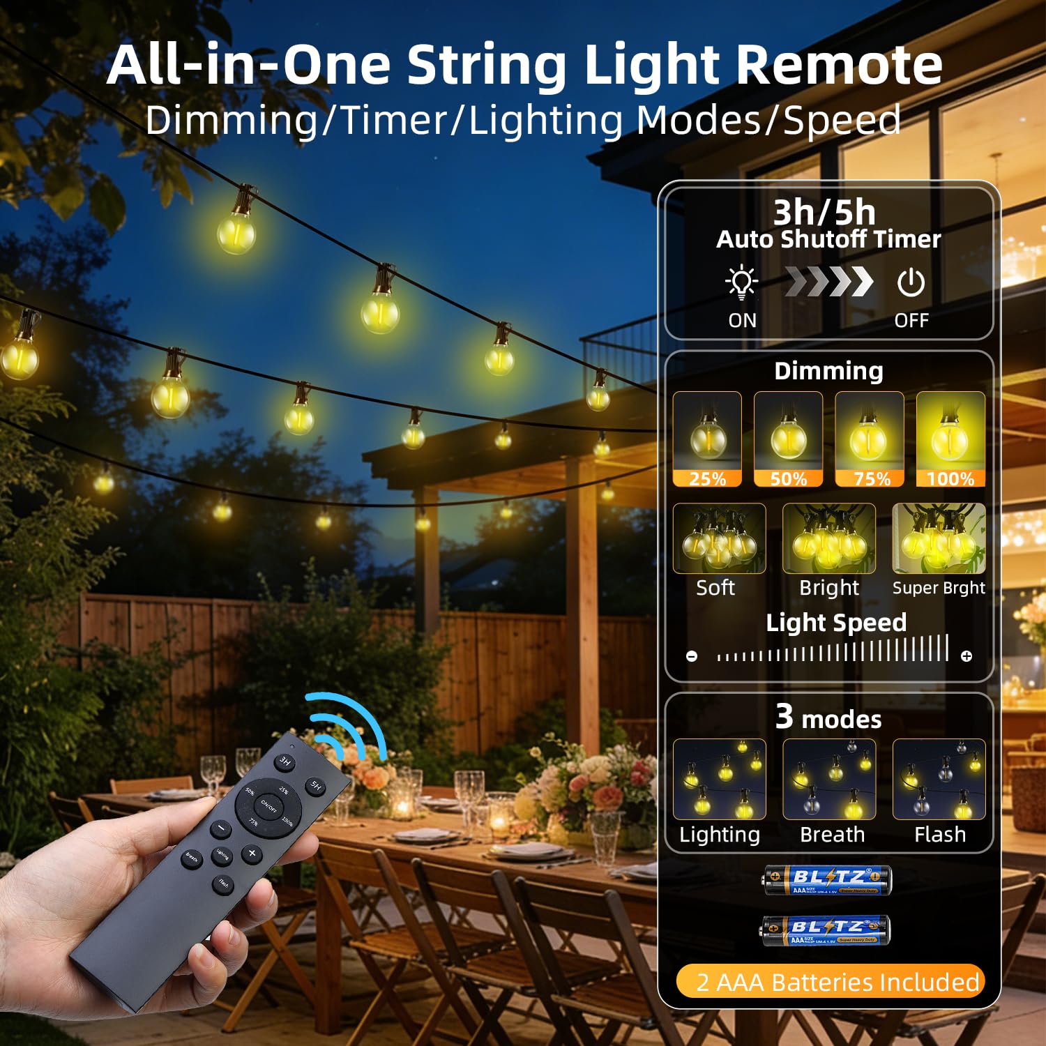 FUANXIEI 100FT Solar Lights Outdoor Waterproof: G40 30M Shatterproof Bulbs Patio Lights - Solar Powered Remote Control 3 Light Modes Dimmable Solar Light - Camping Backyard Garden Deck Outside Yard