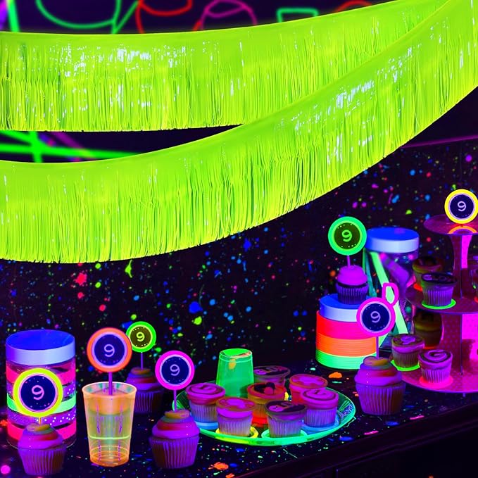 Mega-L Glow in The Dark Party Supplies, 4 Pack Foil Fringe Garland Birthday Party Decorations 9.8 ft Fluorescent Macaron Yellow Metallic Tinsel Streamers Banner, Glitter Photo Booth Prop Table Skirt
