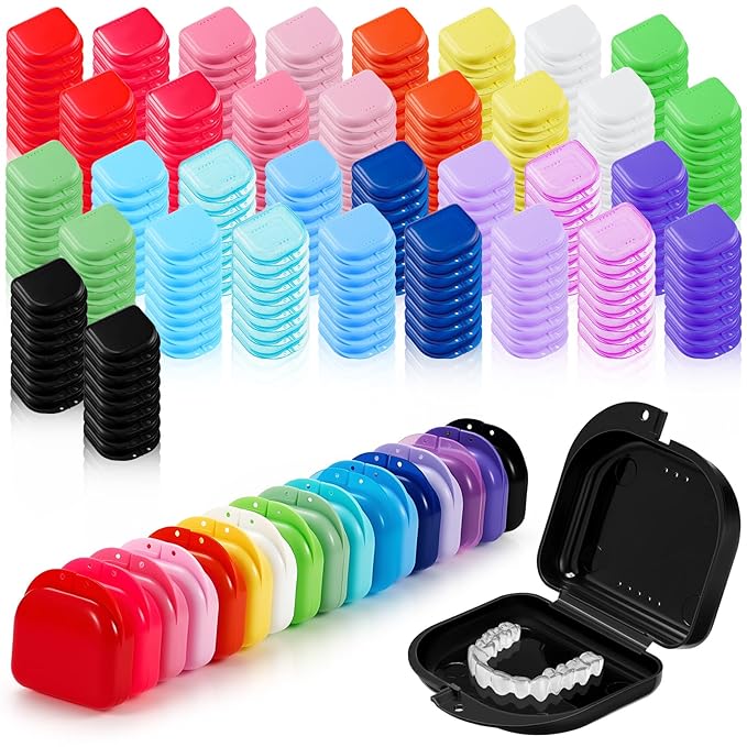 Maxdot 300 Pack Retainer Cases Bulk with Vent Holes Orthodontic Mouth Guard Case Denture Container Multicolor Dental Storage Box for Travel Dentist Office (17 Colors)