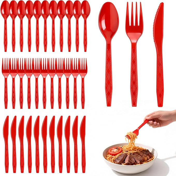 360-Pack Plastic Red Silverware Set, Disposable Cutlery Set, Plastic Forks and Spoons Knives Utensils Set (120 Each) for Christmas Party, Valentine‘s Day, Weddings, Festive Events