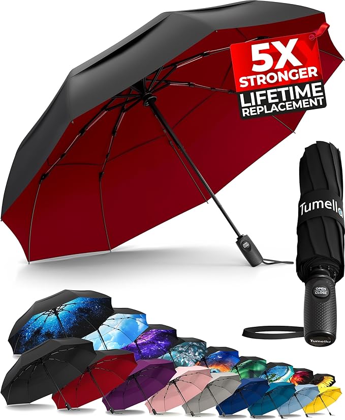 TUMELLA Strongest Windproof Travel Umbrella (Compact, Superior & Beautiful), Small Strong but Light Portable and Automatic Folding Rain Umbrella, Durable Premium Grip, Fits Car & Backpack