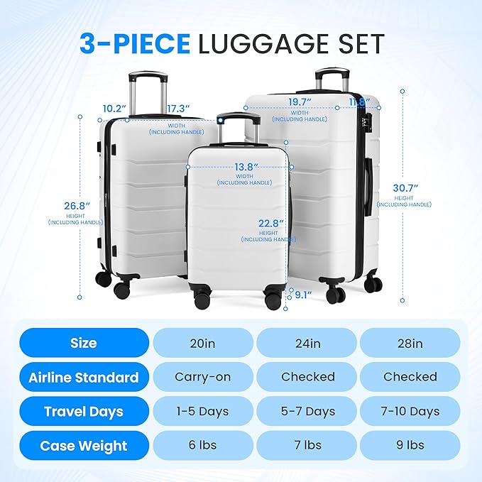 Simple Deluxe 24 Inch Expandable Hardside Carry On with Spinner Wheels & TSA Lock, ABS Hard Shell Lightweight Rolling Luggage Suitcase, White
