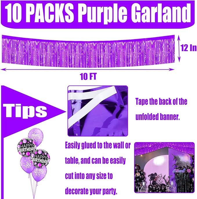 10 Pack 10 Feet Purple Foil Fringe Garland Metallic Tinsel Streamers Banner Wall Hanging Curtain Backdrop for Parade Floats, Bachelorette, Wedding, Birthday, Halloween, Christmas Party Decorations