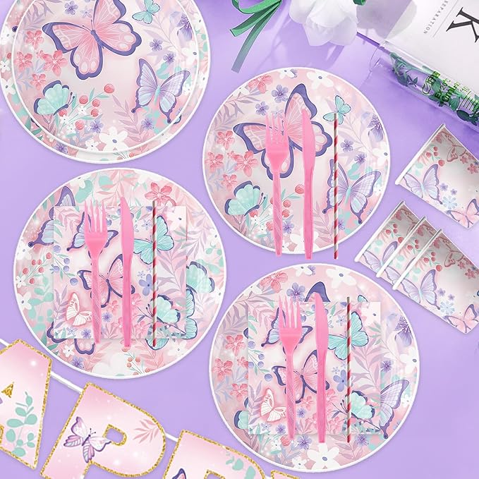 Pink Butterfly Birthday Party Supplies Tableware Sets,Includes Disposable Plates, Napkins, Cups,Straws,Cutlery, Balloons, Banner, and Tablecloth for Party Baby Shower Birthday Decorations,Serves 20