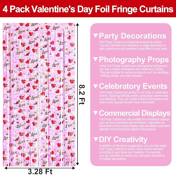 4 Pack Love Pink Wave Foil Fringe Curtain Backdrop, 3.28Ft x 8.2Ft Metallic Tinsel Foil Fringe Streamer Curtains for Photo Booth, Mother's Day, Easter, Birthday, Wedding Party Decoration