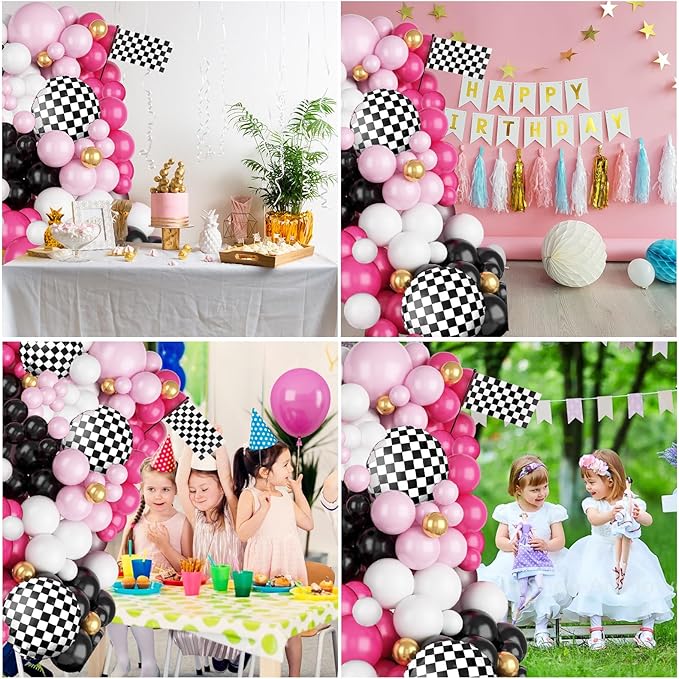 FunHot Pink Race Car Balloon Arch Garland Kit, Hot Pink Black Balloons Arch with Black and White Plaid Foil Balloons for Racing Car Theme Birthday Party Decorations
