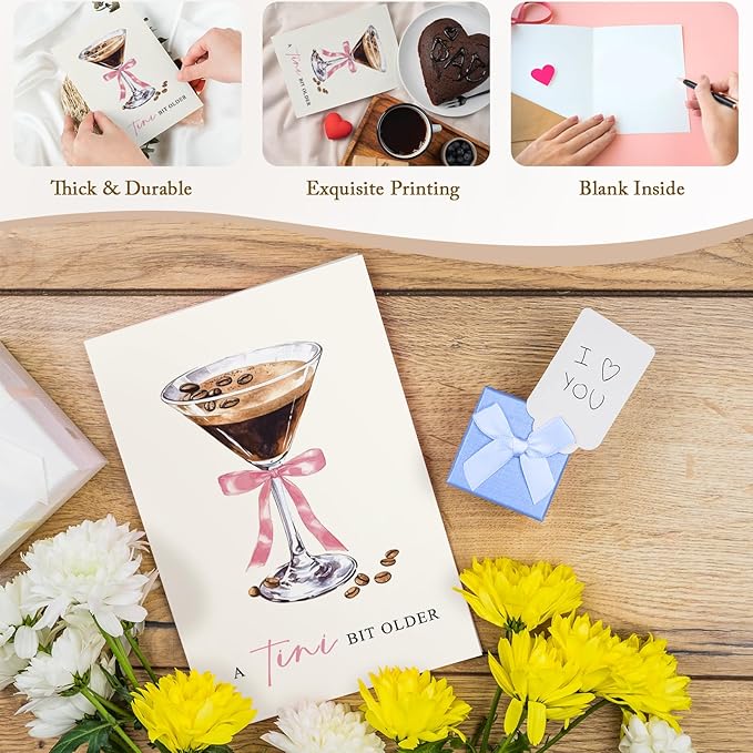 Espresso Martini Birthday Card for Friends, Classic Coffee & Cocktail Birthday Card for Women Girl, A Tini Bit Older Pun Bday Cards for Sister Mom Aunt Grandma Daughter Niece