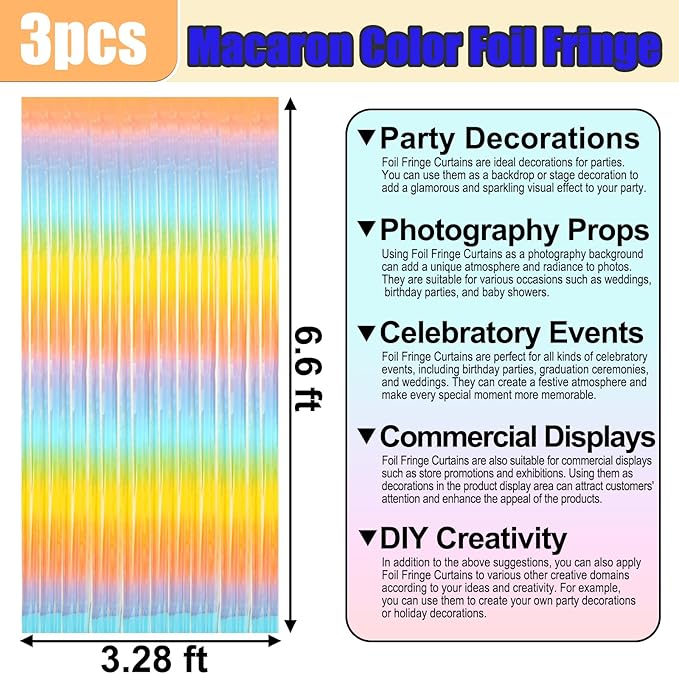 3 Pack Light Raainbow Foil Fringe Curtain Backdrop, 3.28Ft x 6.6Ft Metallic Tinsel Foil Fringe Streamer Curtains for Photo Booth, Christmas Day, Thanksgiving, Wedding, New Year Party Decorations