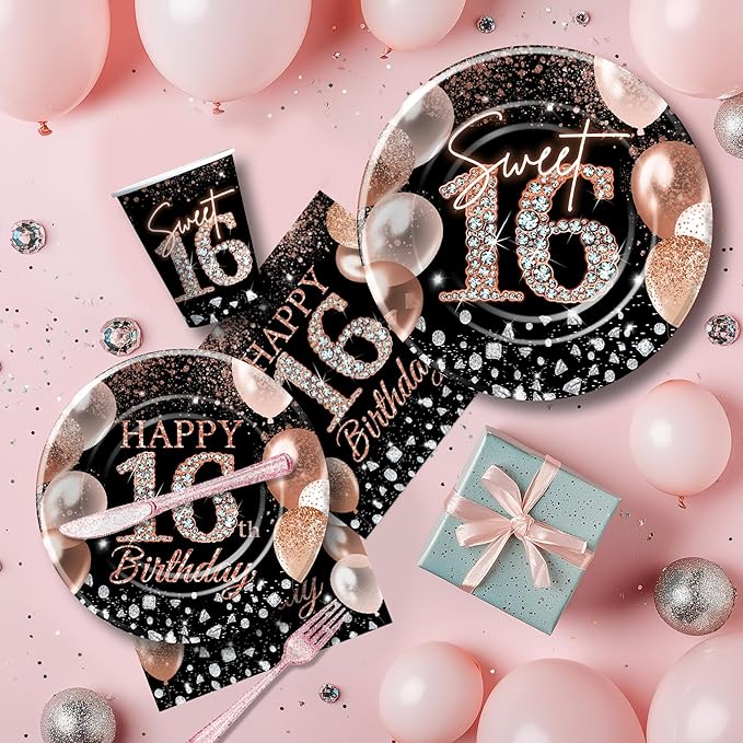 Sweet 16 Birthday Decorations for Girls, Black and Rose Gold Happy 16th Birthday Party Supplies Tableware, Paper Plate, Napkin, Cup, Disposable Cutlery, Tablecloth, Banner, Swirls, Serves 24