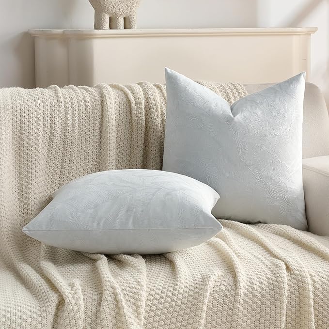 FUTEI Light Blue Velvet Throw Pillow Covers 20x20 Inch Set of 2,Soft Embossed Leaf-Relief Textured Cushion Cases,Natural Home Decor for Couch Living Room