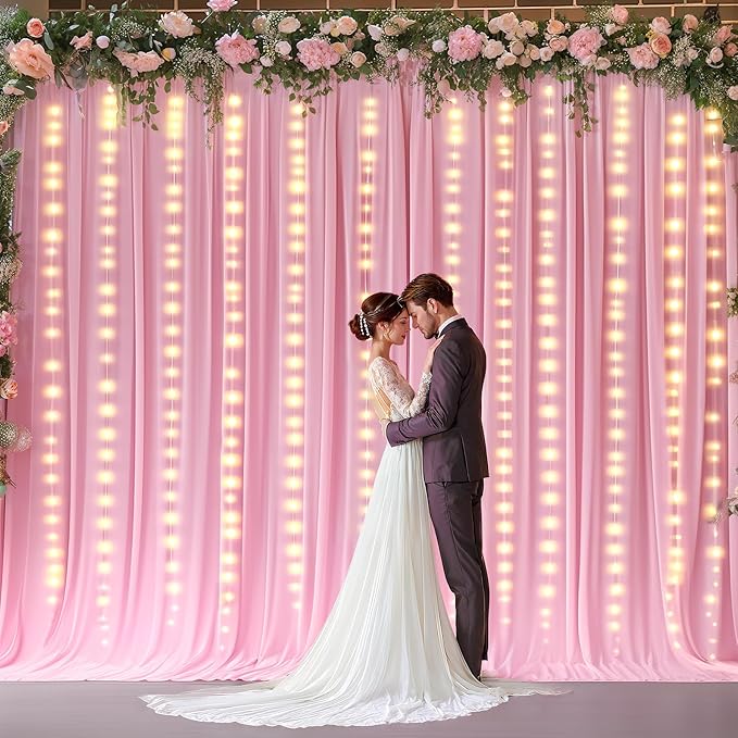 20 x 10ft Pink Backdrop Curtains with Lights String for Valentine’s Day Photo Backdrop Drapes Wrinkle Free Polyester Curtain Backdrop for Girls Birthday Party Wedding Reception Baby Shower-5 x 10ft 4P