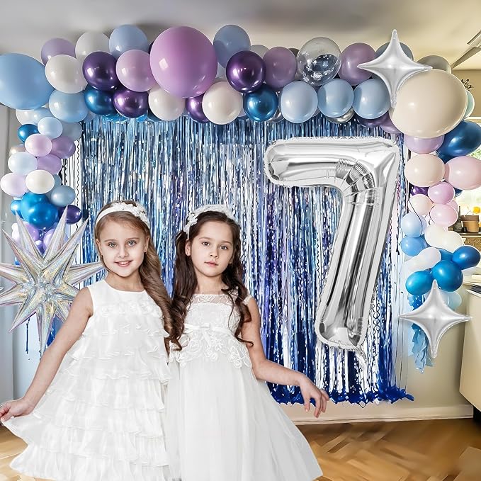 Snow 7th Birthday Decorations Girl, Snowflake Balloon Garland Arch Kit, Laser Explosion Star Balloons, Silver Number 7 Balloon Tower for Baby Shower Girls 7th Snow Theme Party Supplies
