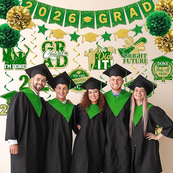 Green and Gold Graduation Decorations, 2026 Grad Banner and Congrats Grad Hanging Swirls, Green and Gold Graduation Banner Graduations Hanging Swirl College Graduations Party Decorations Class of 2026