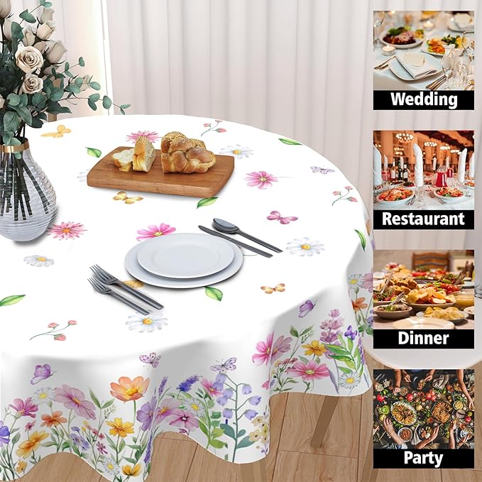 Pink Floral Tablecloth Round 70 Inch Spring Yellow and Pink Wildflower Outdoor Table Cloth Farmhouse Butterfly Flower Table Cover for Kitchen Dinner Room Holiday Party Indoor Outdoor Home Decor