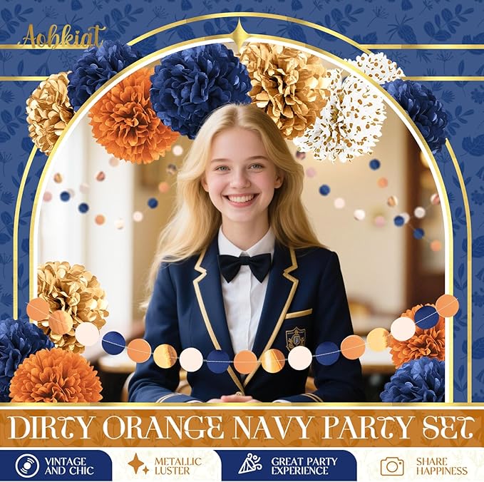 AOBKIAT Boho Fall Wedding Party Decorations,15PCS Navy Blue Orange Tissue Paper Pom Poms Colorful Paper Garland String Hanging Backdrop for Baby Shower,Bridal Shower,Gardens Celebration