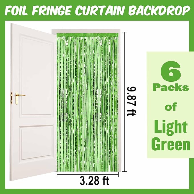 6 Pack Light Green Foil Fringe Curtains Backdrop, 3.28 x 9.8 Ft Metallic Streamers Tinsel Curtains Background for Photo Booth, Birthday, Halloween, Christmas, Thanksgiving, New Year Party Decorations