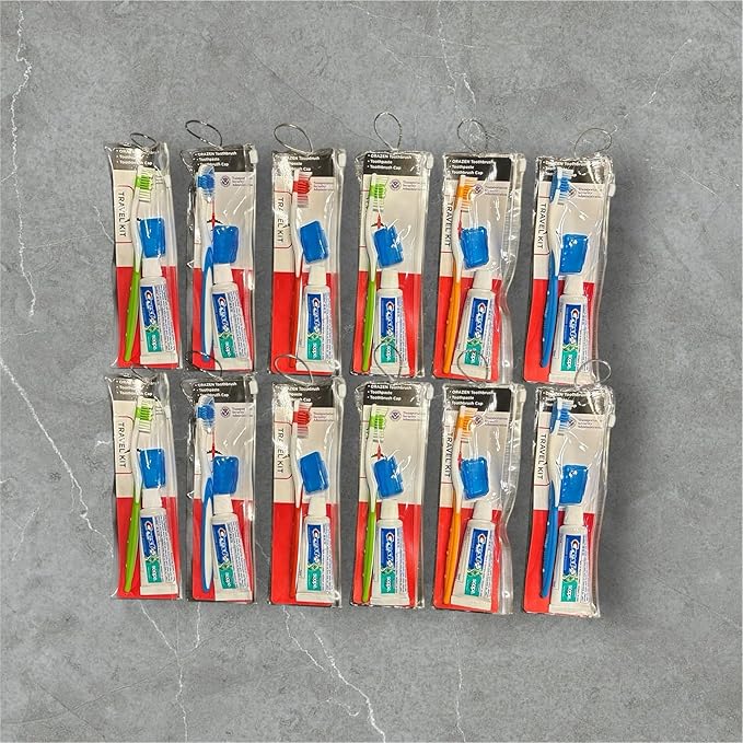 AIAG 12 Pack Toothbrush Travel Kit with Cap and Toothpaste, Soft Bristles, Individually Wrapped Travel Size Toothbrush Resealable Portable and Reusable Bag for Homeless Hotel Home Charity