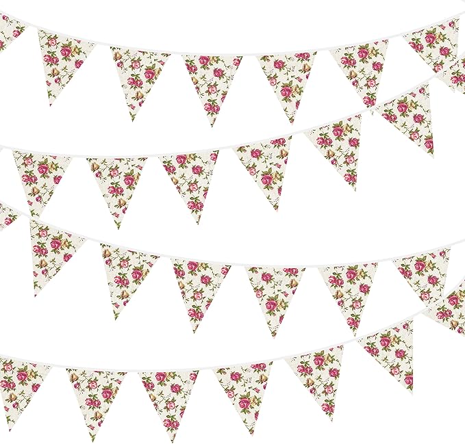 46Ft Vintage Floral Burlap Banner Flower Burlap Triangle Pennant Flag Linen Bunting Garland Streamers for Rustic Birthday Boho Wedding Baby Shower Engagement Camping Spring Easter Party Decorations