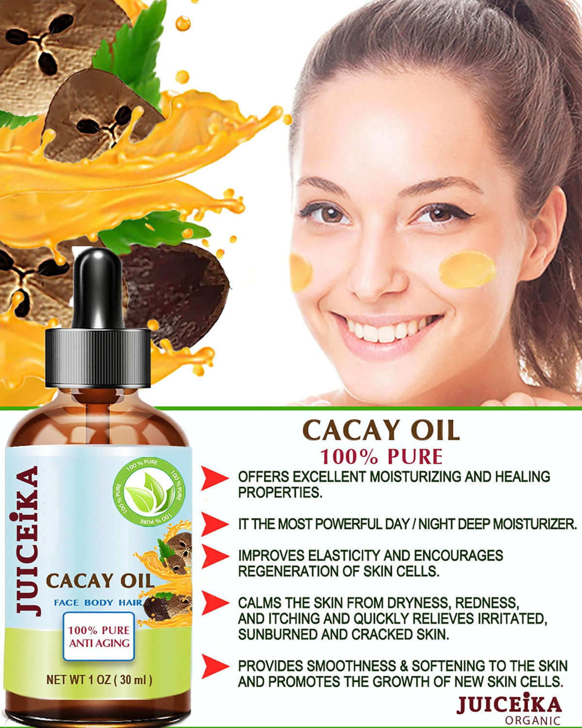 Juiceika CACAY OIL 100% Pure Natural Virgin Unrefined Cold-Pressed Carrier Oil 1 Fl oz 30 ml For Face, Skin, Body, Hair, Lip, Nails