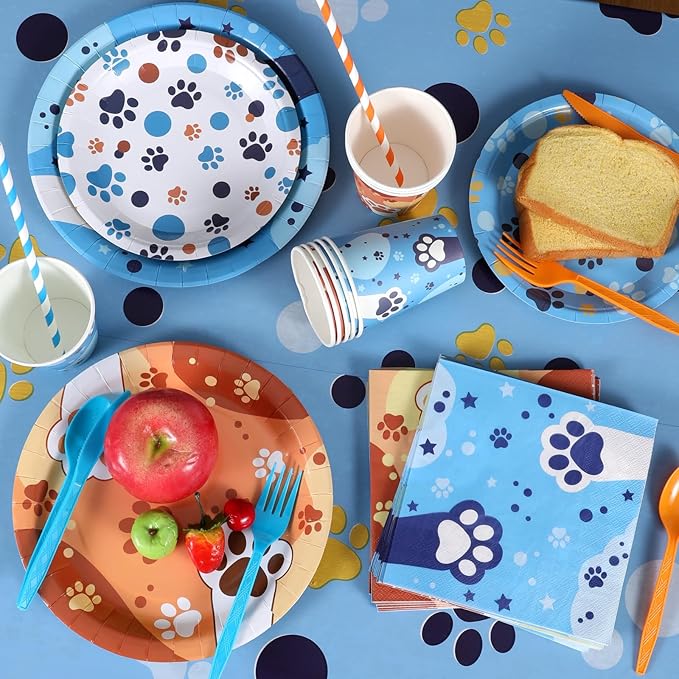 Cute Blue Dog Birthday Party Supplies Serves 20 Guests, 161CT Blue&Orange Dog Paw Print Party Dinnerware Dcorations, Pretty Puppy Plate, Tablecloth, Napkin, Cup for Birthday, Kids’Party, Baby Shower