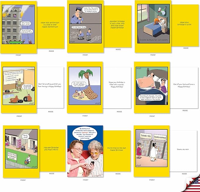 NobleWorks - 36 Assorted Set Funny Mixed Occasions Cards Bulk Box w/Envelopes, Humor Birthday Get Well Friendship (36 Designs, 1 Each) - Whyatt's Wide Variety AC9382XXG-B1x36