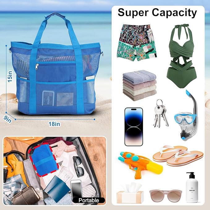 Mesh Beach Bags for Family - Women Beach Tote Bag for Toys, Towels, Travel Vacation Cruise Essentials