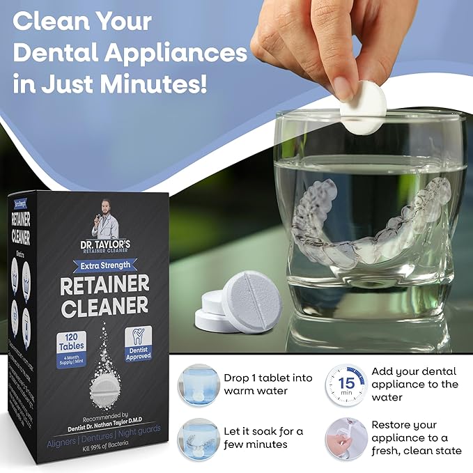 Dr. Taylor’s Retainer Cleaner Tablets 120 for Aligners & Dentures - Effectively Removes Stains, Plaque, and Odor - Mouth & Night Guards Cleaner with Refreshing Mint Flavor