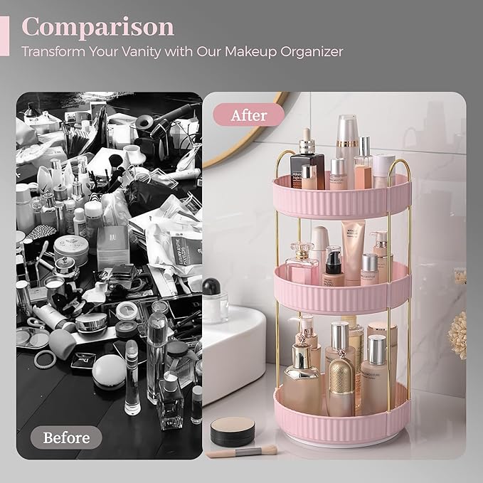 Aveniee 360 Rotating Makeup Organizer for Vanity, Skincare Perfume Organizers Large, Spinning Bathroom Counter Shelf Holder for Cosmetics, Skin Care, Lipsticks,3 Tiers, Pink