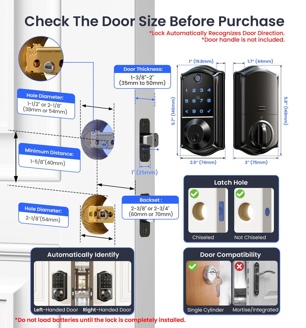 Veise VE017 Fingerprint Smart Door Lock, App Control, 8-in-1 Keyless Entry, Auto Lock, Emergency Power Port, Electronic Touchscreen Keypad, Biometric Smart Locks for Front Door, Matte Black