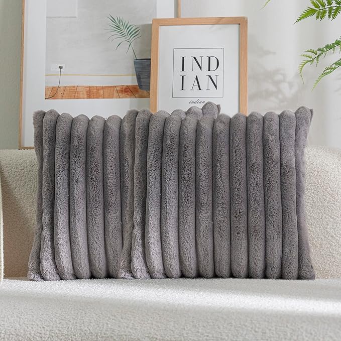 DEELAND Pack of 2,Double-Sided Faux Fur Plush Decorative Throw Pillow Covers Fuzzy Striped Soft Pillowcase Cushion Covers for Sofa Couch Bedroom