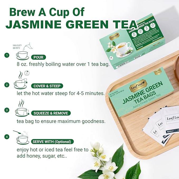 LeafLea 80 Jasmine Green Tea Bags, Green Tea with Natural Jasmine Aroma, Light Focus & Daily Balance, Delicate Floral and Smooth Taste, Caffeinated, Sugar-Free, Non-GMO, Vegan, Individually Wrapped