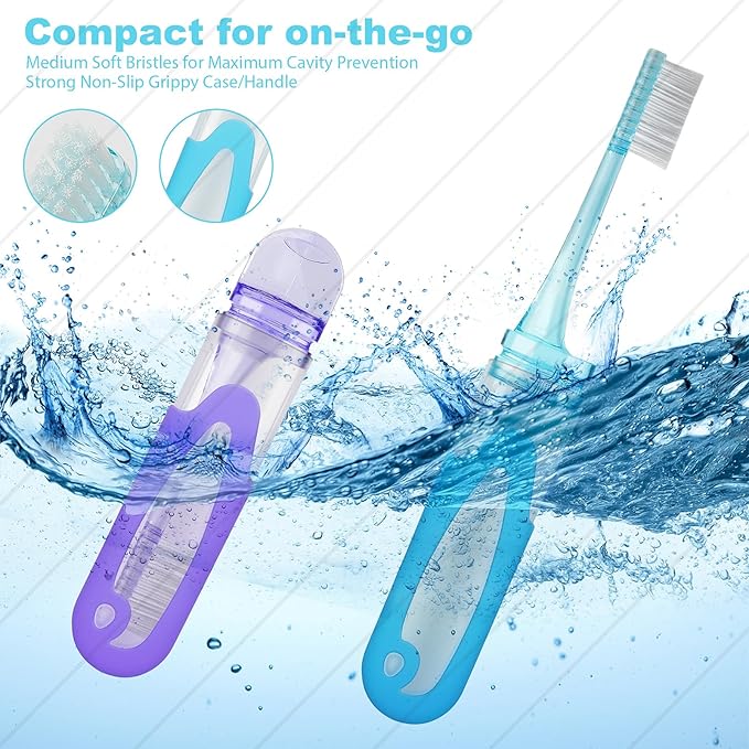Foldable Travel Toothbrush, Portable Soft Bristles Toothbrushes Adults Size, Folding Cover Collapsible Medium Bristle Brushes Individually Wrapped Good for School Hiking Camping 4 Pieces