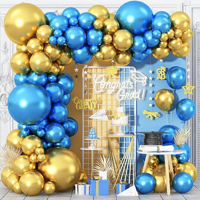 Metallic Blue and Gold Balloon Arch Kit, 100 Pcs Gold and Blue Balloon Garland Kit, Metallic Balloons Different Sizes 18/12/10/5 inch for Graduation Birthday Party Decorations