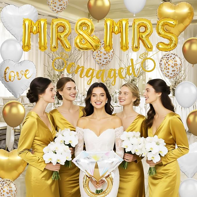Gold Engagement Party Decorations, MR and MRS Balloons Decor, White Gold Metallic Confetti Balloon, Love Heart and Diamond Ring Foil Balloon with Engaged Banner for Wedding Engagement Party Decoration