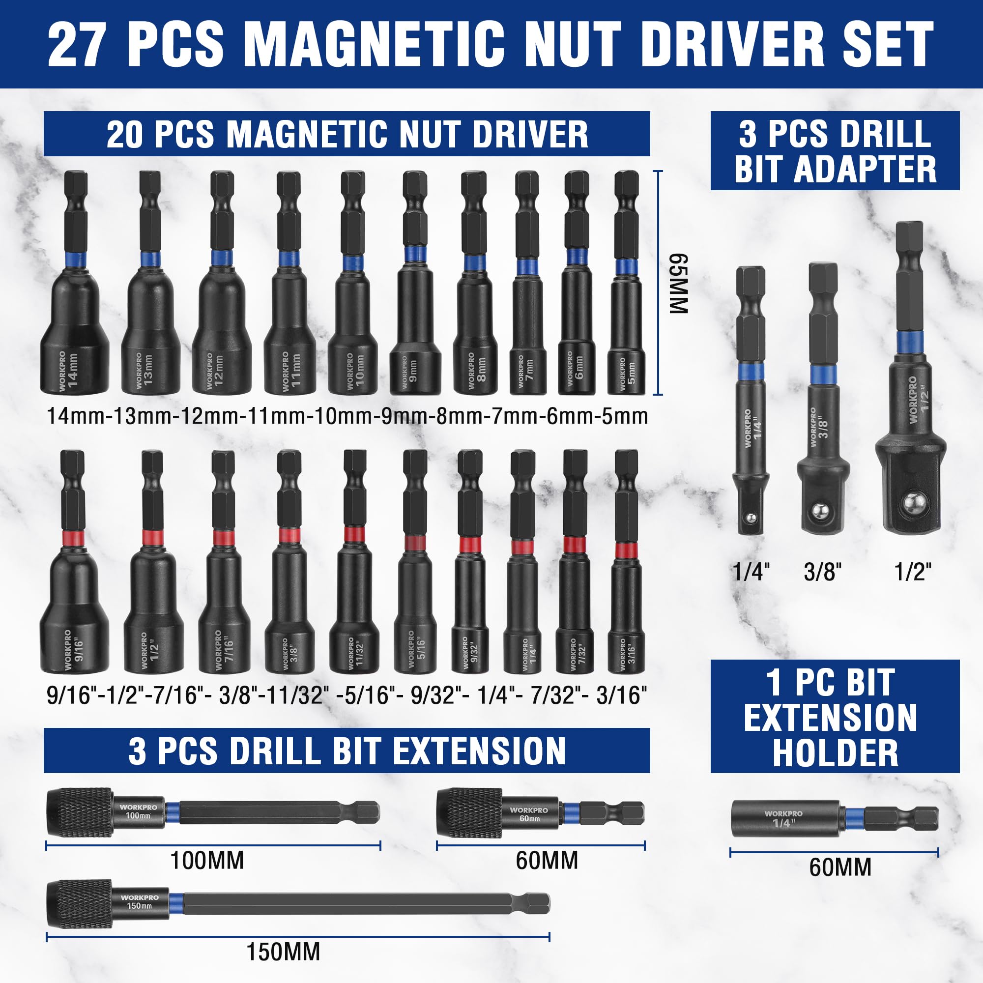 WORKPRO 27 PCS Magnetic Nut Driver Set with Quick-Release Extensions