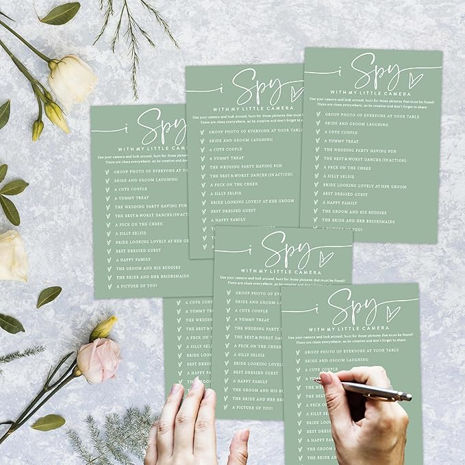 I Spy Wedding Reception Cards, Sea Green Bridal Shower Games, 30 Elegant Wedding Game for Bachelorette Engagement Party Supplies Favors - A04