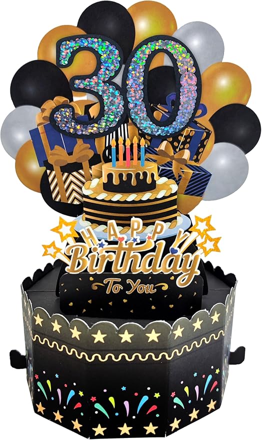 30th Birthday Cards 3D Popup Birthday Greeting Cards - Birthday Greeting Card for Men and Women, with Blank Note and Envelope Included (Black Gold)