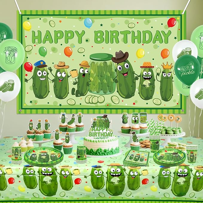Pickle Birthday Decorations - Pickle Party Tableware, Plates Cups Napkins Pickle Party Tablecloth Happy Birthday Backdrop Balloons Cake Toppers for Pickle Birthday Supplie