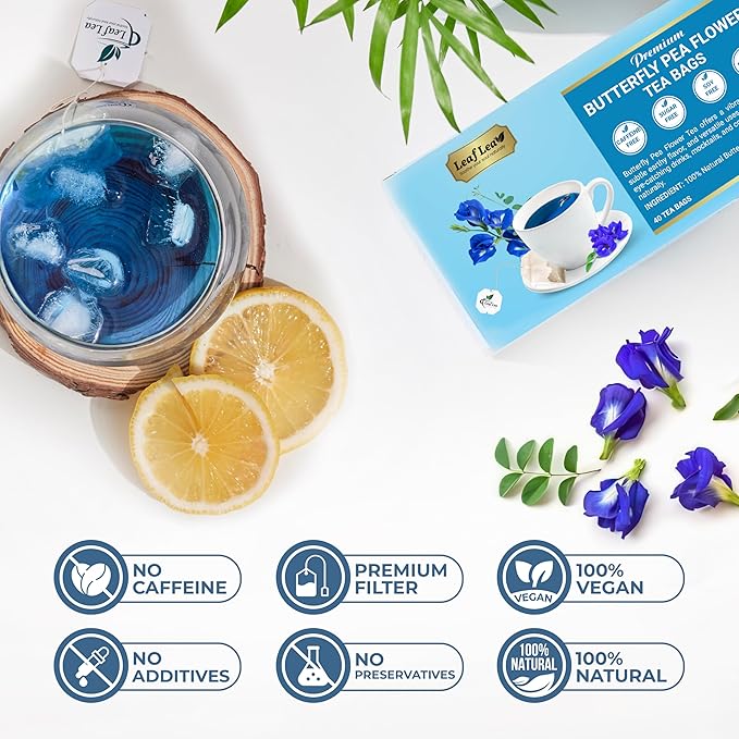 LeafLea 40 Butterfly Pea Flower Tea Bags, Herbal Flower Tea for Relaxation, Mocktails, and Natural Food Coloring, Caffeine-Free, Sugar-Free, Non-GMO