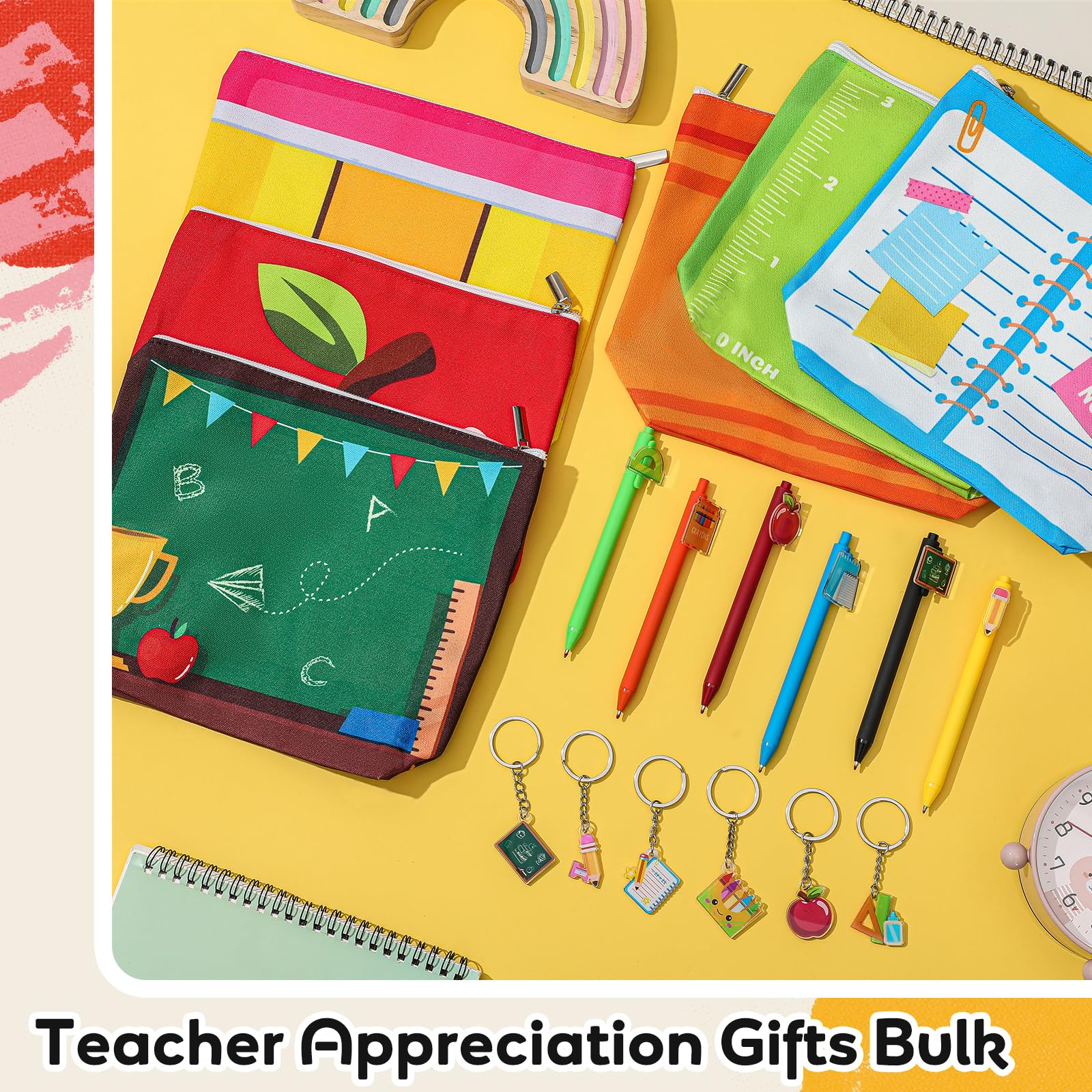 Sunnymove 36 Pcs Christmas Teacher Appreciation Gifts Bulk - Makeup Bags with Pen Keychain Pencil Theme Teacher Thank You Gifts for Women Cosmetic Bag Pouch for Mentor Lecturer