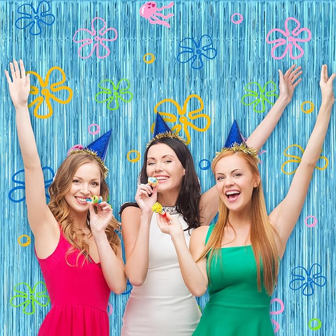 4 Pack Cartoon Sponge Theme Party Decorations 3.2ft X 8.2ft Under the Sea Party Supplies Flowers Bubbles Jellyfish Foil Fringe Photo Backdrop Decor for Birthday Sponge Party Photo Props