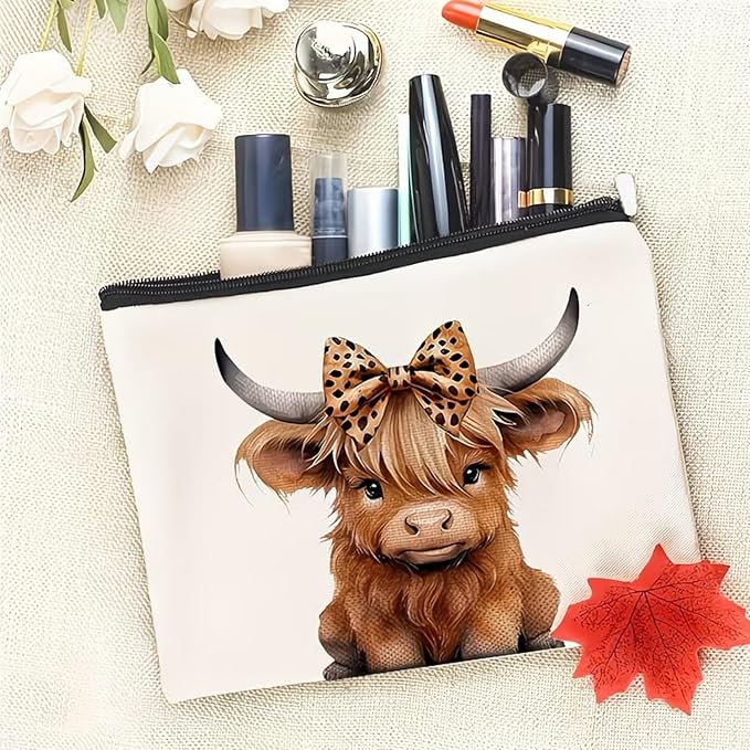 GRITOSE Spring Small Makeup Bag Cute Cattle with Brown Bow designs Cosmetic Bag Work Toiletry Bags Accessories for Family Friend Student Workday Birthday Gift Travel Pouch with Zipper