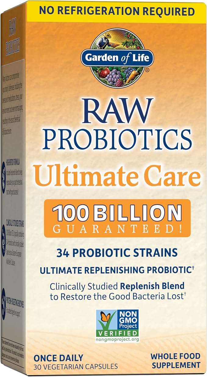 Garden of Life Raw Probiotics for Women and Men with Digestive Enzymes, 100 Billion CFU, Clinically Studied Strains, Shelf Stable, 30 Capsules