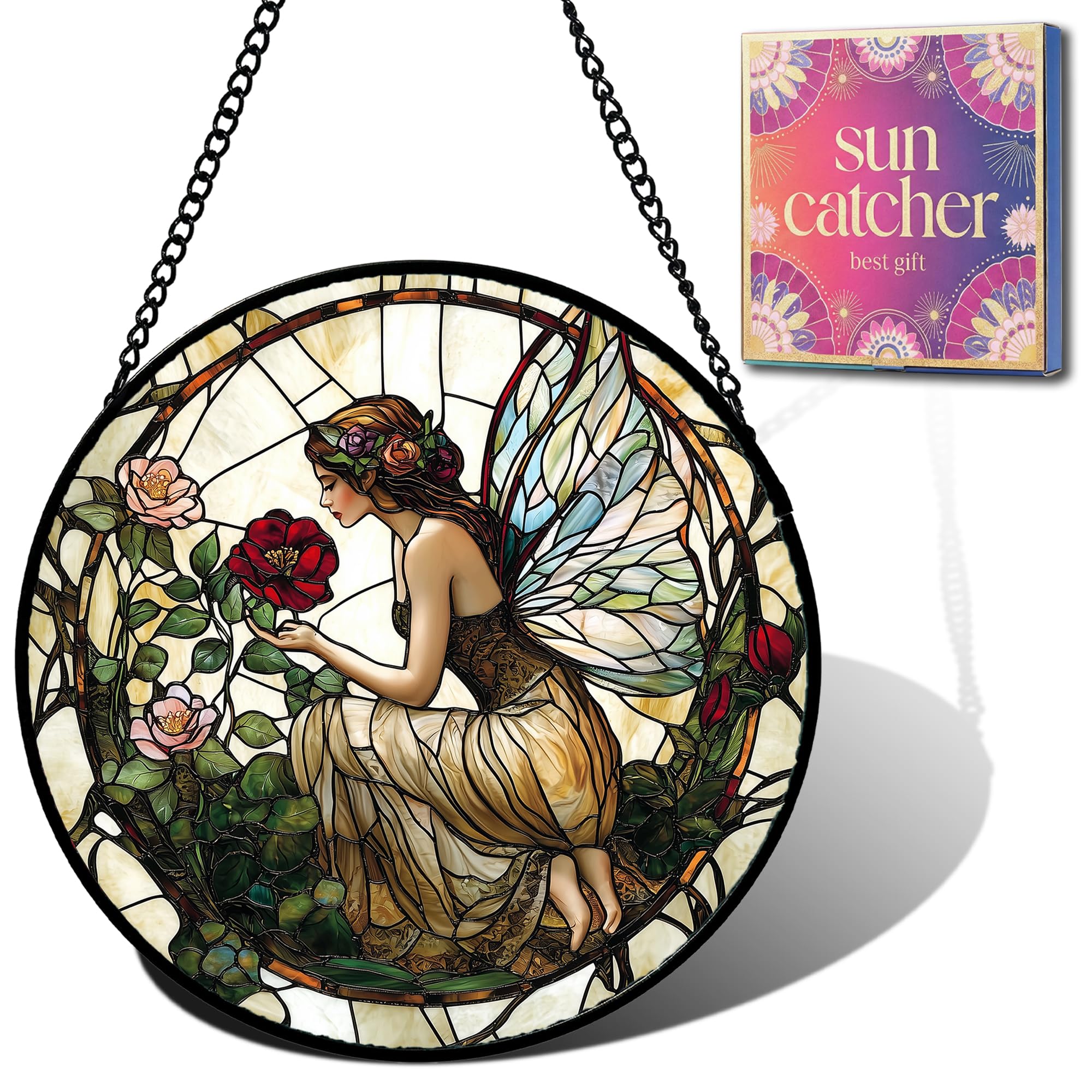 Birthday Gifts for Women - Butterfly Flower Fairy Faux Stained Glass Window Hanging Sun Catcher for Door Garden Acrylic Home Decor Mother's Day for Mom Nana Friend Grandma Wife 6.3"