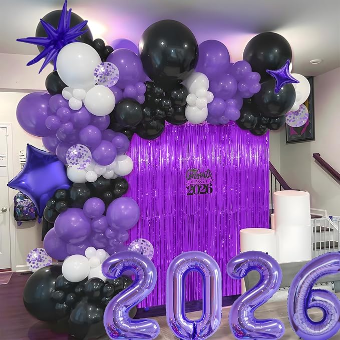 Graduation Balloon Arch Kit 2026 Graduation Decorations, Different Sizes 5 12 18 Inch Purple Black White Grad Balloons Arch with Class of 2026 Cake Toppers, Fringe Curtain, Star & 2026 Balloons
