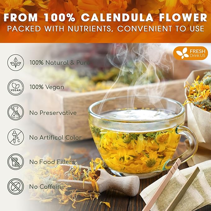 FreshDrinkUS, Premium 135 Calendula Tea Bags, 100% Natural and Pure Calendula Flowers, Eco-conscious Tea Bags. Herbal Tea. No Sugar, No Caffeine, No Gluten, Vegan.